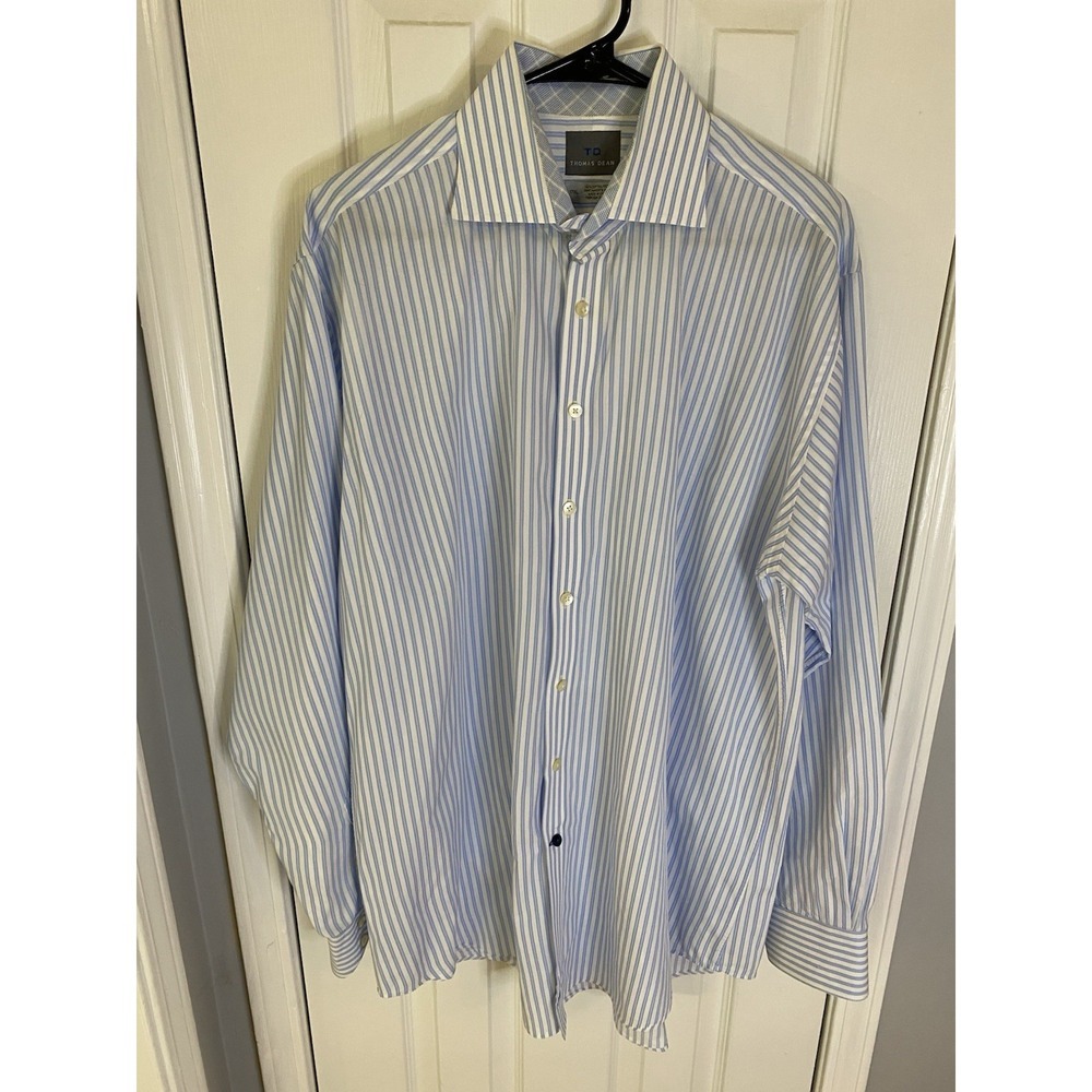 Thomas Dean Button Down Shirt Mens 17XL Blue White Striped Long Sleeve Cotton
